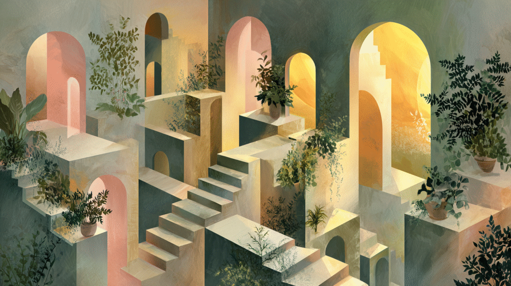 Composition fractionnée conceptuelle montrant sept phases comme des chambres connectées dans un labyrinthe, commençant par une lumière dorée brillante (idéalisation) qui s'assombrit progressivement à travers les phases jusqu'aux ombres profondes (jeter) puis le retour partiel de la lumière (aspiration), perspective aérienne.